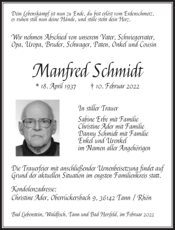 Traueranzeige von Manfred Schmidt von Südthüringer Presse