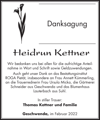Traueranzeige von Heidrun Kettner von Südthüringer Presse
