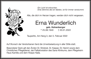 Traueranzeige von Erna Wunderlich von Frankenpost