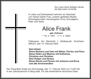Traueranzeige von Alice Frank von Frankenpost