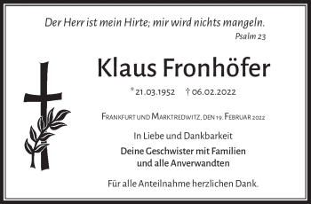 Traueranzeige von Klaus Fronhöfer von Frankenpost