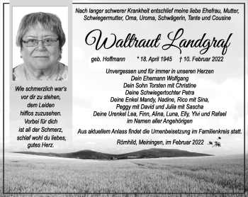 Traueranzeige von Waltraud Landgraf von Südthüringer Presse