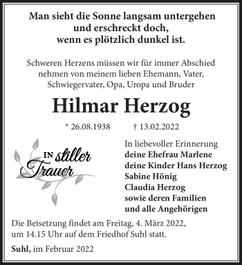 Traueranzeige von Hilmar Herzog von Südthüringer Presse