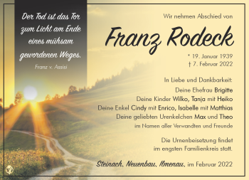 Traueranzeige von Franz Rodeck von Südthüringer Presse