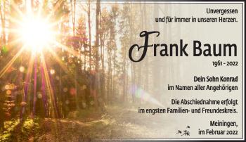 Traueranzeige von Frank Baum von Südthüringer Presse