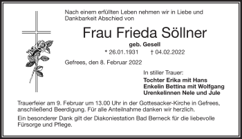 Traueranzeige von Frieda Söllner von Frankenpost