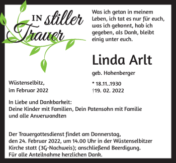Traueranzeige von Linda Arlt von Frankenpost
