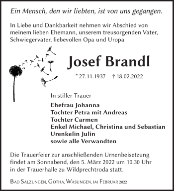 Traueranzeige von Josef Brandl von Südthüringer Presse