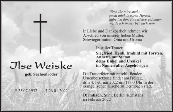 Traueranzeige von Ilse Weiske von Südthüringer Presse