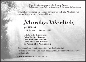 Traueranzeige von Monika Werlich von Südthüringer Presse