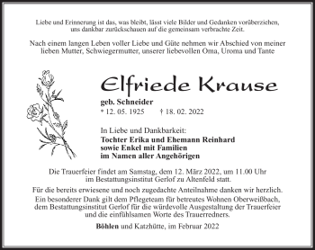 Traueranzeige von Elfriede Kraus von Südthüringer Presse