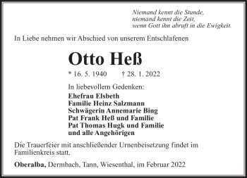 Traueranzeige von Otto Heß von Südthüringer Presse