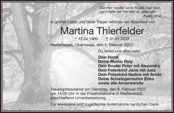 Traueranzeige von Martina Thierfelder von Frankenpost