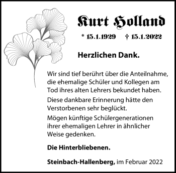 Traueranzeige von Kurt Holland von Südthüringer Presse