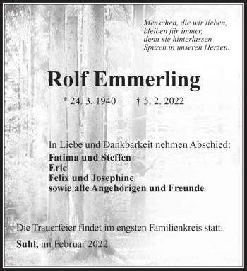 Traueranzeige von Rolf Emmerling von Südthüringer Presse
