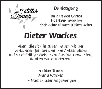 Traueranzeige von Dieter Wackes von Südthüringer Presse