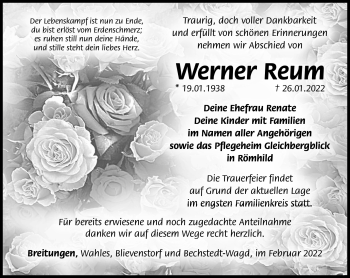 Traueranzeige von Werner Reum von Südthüringer Presse