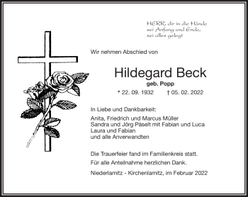 Traueranzeige von Hildegard Beck von Frankenpost