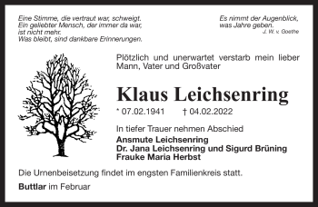 Traueranzeige von Klaus Leichsenring von Südthüringer Presse