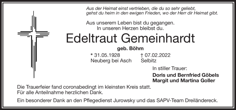 Traueranzeige für Edeltraut Gemeinhardt vom 19.02.2022 aus Frankenpost
