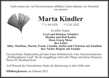 Traueranzeige von Marta Kindler von Südthüringer Presse