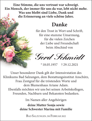 Traueranzeige von Gerd Schmidt von Südthüringer Presse