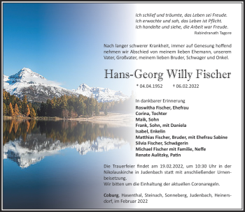 Traueranzeige von Hans-Georg Willy Fischer von Südthüringer Presse