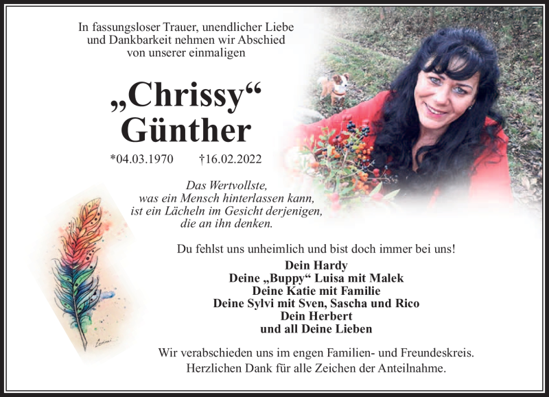  Traueranzeige für Chrissy Günther vom 26.02.2022 aus Südthüringer Presse