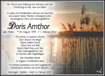 Traueranzeige von Doris Amthor von Südthüringer Presse