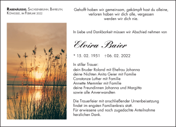 Traueranzeige von ElVira Baier von Südthüringer Presse