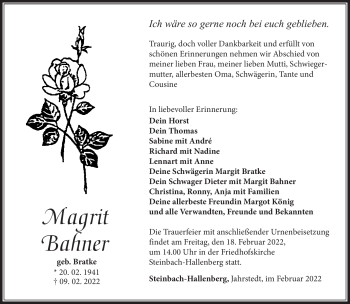 Traueranzeige von Magrit Bahner von Südthüringer Presse