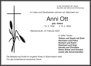 Traueranzeige von Anni Ott von Frankenpost