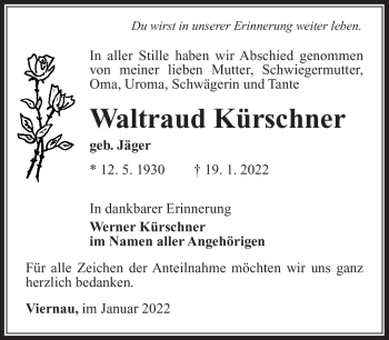 Traueranzeige von Waltraud Kürschner von Südthüringer Presse