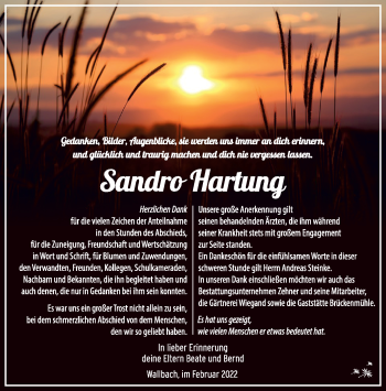 Traueranzeige von Sandro Hartung von Südthüringer Presse