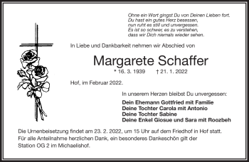 Traueranzeige von Margarete Schaffer von Frankenpost