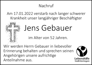 Traueranzeige von Jens Gebauer von Südthüringer Presse