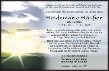 Traueranzeige von Heidemarie Häußer von Südthüringer Presse