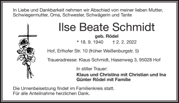 Traueranzeige von Ilse Beate Schmidt von Frankenpost
