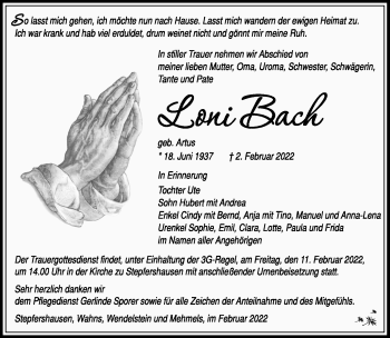 Traueranzeige von Loni Bach von Südthüringer Presse