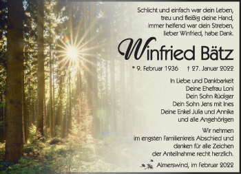 Traueranzeige von Winfried Bätz von Südthüringer Presse