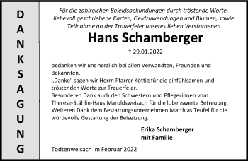 Traueranzeige von Hans Schamberger von Neue Presse Coburg