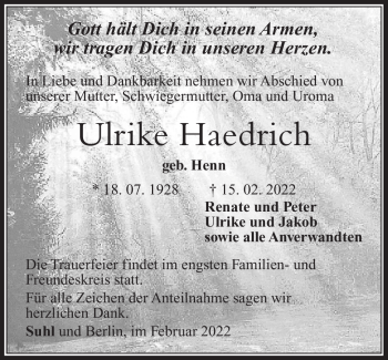Traueranzeige von Ulrike Haedrich von Südthüringer Presse