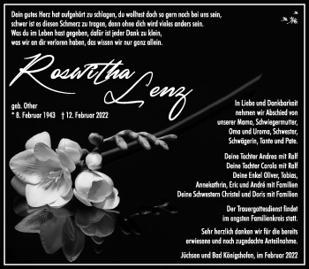 Traueranzeige von Roswitha Lenz von Südthüringer Presse