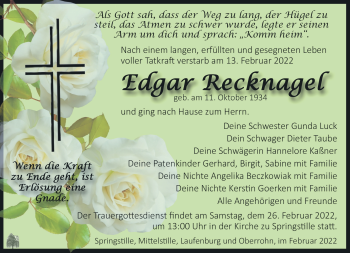 Traueranzeige von Edgar Recknagel von Südthüringer Presse