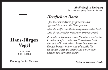 Traueranzeige von Hans-Jürgen Vogel von Frankenpost