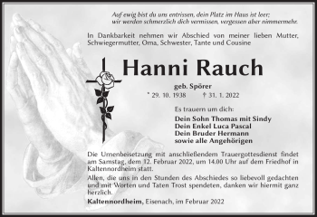 Traueranzeige von Hanni Rauch von Südthüringer Presse