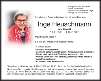 Traueranzeige von Inge Heuschmann von Frankenpost