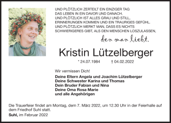 Traueranzeige von Kristin Lützelberger von Südthüringer Presse