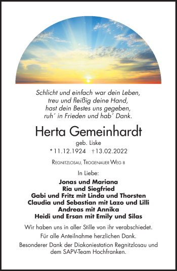 Traueranzeige von Herta Gemeinhardt von Frankenpost