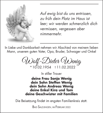 Traueranzeige von Wolf-Dieter Wenig von Südthüringer Presse